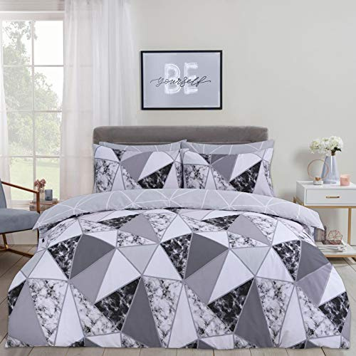 Dreamscene Marble Geometric Duvet Cover with Pillow Case Bedding Set Reversible Shapes, Charcoal Grey - King