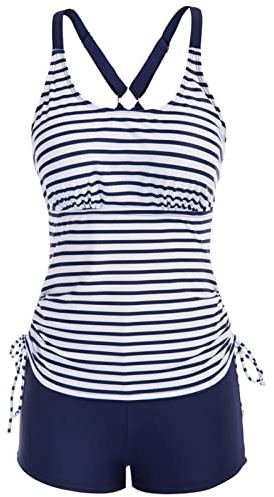 Women's Athletic Two Piece Tummy Control Swimwear Backless Drawstring Swimsuit with Boyshort Bathing Suit Stripe Navy M