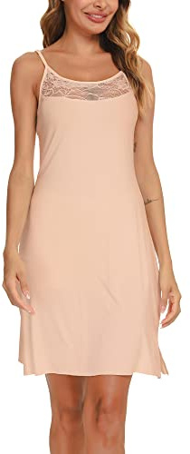 Vlazom Women Nightdresses Soft Full Slip Petticoat Spaghetti Strap Chemises V Neck Lace Trim Negligee Nightgown Nude, L