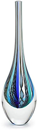 Cá d'Oro Kleine Glasvase im Boho-Stil mit blau-grünen Stangen, mundgeblasenes Kunstglas im Murano-Stil, Modell hoch