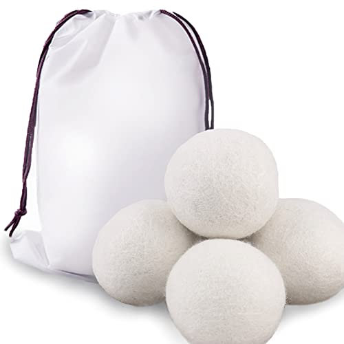 Wool Dryer Balls Natural Fabric Softener Balls Anti-Static Reusable Wool Balls 100% Organic Natural New Zealand Wool Handmade Saves Drying Time and Reduces Clothing Wrinkles (4 PCS+Bag)