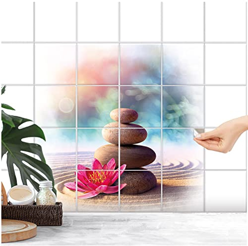 FoLIESEN Fliesenaufkleber - Deko-Bild für Bad, Küche, Badezimmer - Dekoration Fliesen-Bild selbstklebend - Lotusblüte und Zensteine, Fliese - Bild (BxH):20x25 cm - 80x75 cm / 12-tlg.