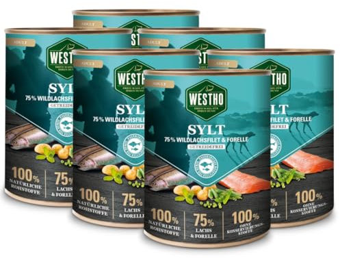 WESTHO Nassfutter Sylt Adult Senior (6 x 800 g) | 75% Wildlachs & Forelle | Getreidefrei | Zum Konditionsaufbau | Zur Haut und Fellpflege | Premium Hundenassfutter