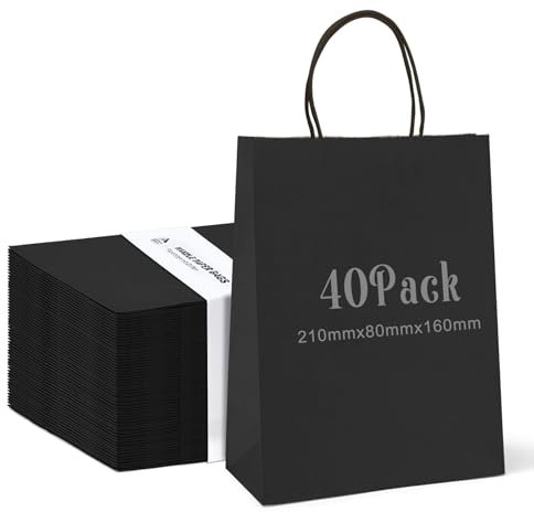 Anstore 40 Stück Schwarz Geschenktüten, Papiertüten mit Henkel, Kraftpapier Tüten Candy Tüten Partytüten, 16x8x21cm Geschenktüten Klein fur Kindergeburtstag, Babyparty, Hochzeit, Weihnachten