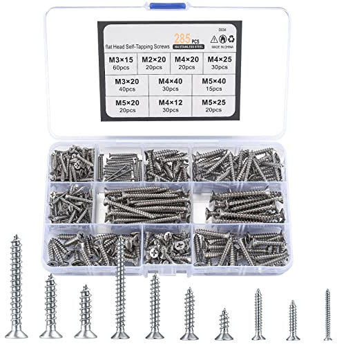 XxinXrongSurtido de tornillos autorroscantes, 285 unidades, M2/M3/M4/M5 de acero inoxidable, tornillos para madera de cabeza cruzada, tornillos de cabeza redonda plana para caseros, reparación