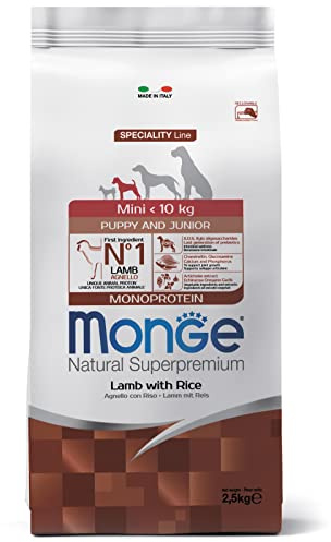 Monge Natural Superpremium PUPPY AND JUNIOR LAMB AND RICE, cibo per cani per tutte le razze (cibo per cuccioli, cibo secco per cani con agnello e riso, molto ricco di fibre e vitamine, 7,5 kg)