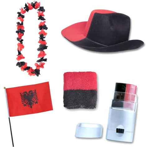 Sonia Originelli Fanset Fanartikel Fanhut Blumenkette Schminkstift Schweißband Fähnchen WM EM Farbe: Albanien