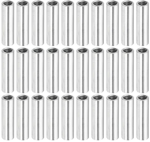 sourcing map Manchon Filetée Rond Écrou Accouplement M4x0.7mm Femelle Filetage 20mm Raccorder Tige Barre Goujon Tube Écrou Connecteur pour Rallonger, Argenté Paquet de 30