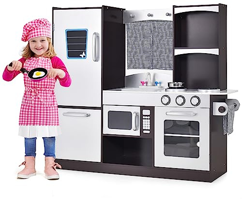 COSTWAY Cocina de Juguete de Madera con Accesorios, Juego de Cocina con Refrigerador, Microondas, Horno,Pizarra, Estufa,Grifo y Fregadero de Juguete, Cocina Infantil para Niños y Niñas de 3+ Años