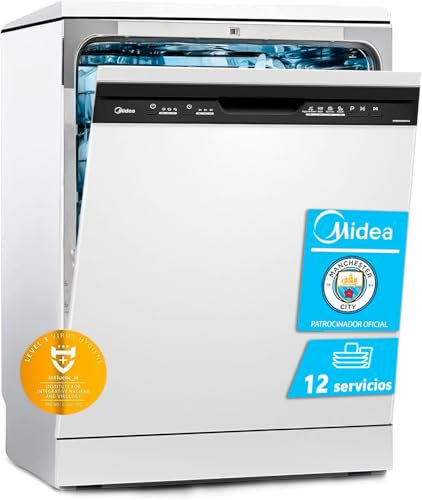 Midea Lavavajillas 60 cm+++ Blanco para 12 servicios - Lavaplatos libre instalación - Compacto con 5 Programas de Lavado integrable - Filtro Antibacterias y Programación Horaria Nuevo Modelo