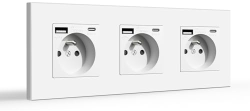 BSEED Triple Prise Murale avec USB et 1 Type C,Prise de Courant Alternatif avec Panneau en Plastique,Multiprise Murale(Max 2.1A),Convient au Smartphone,à la Tablette (2 Prise avec USB et Type C,Blanc)