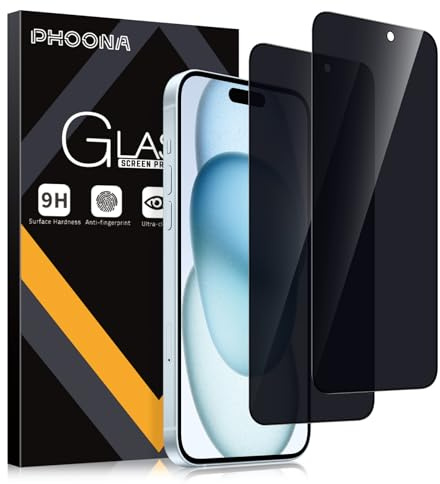 Phoona Privacy Vetro Temperato per iPhone 15 6.1 6.5,Durezza 9H,Antigraffio,Pellicola di Protezione del Vetro Antispy,Vetro Privacy Prova di Spia,2 Pezzi