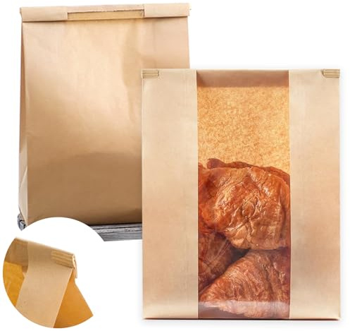 Brotbeutel aus Kraftpapier, 35,6 x 21,6 x 8,9 cm, große Papier-Brotbeutel, Kekstüten, Kaffeebeutel, Brot-Aufbewahrungsbeutel mit transparentem Fenster, Blechverschluss, für hausgemachtes Brot, Kekse,