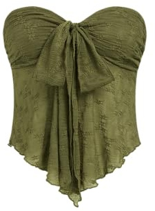 CIDER Summer Tube Tops for Women Floral Tie Front Cute Tops Sexy Going Out Tops Trendy Strapless Mesh Flowy Top Casual Olive Green