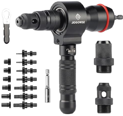 JIOGOWISE 2-in-1-Design-Akku-Nietpistolen-Adapter und Nietmutter-Adapter, Zubehör-Set für elektrische Bohrmaschinen mit Tragetasche, 7 metrische Dorne M3 auf M12, 6 Nietköpfe 2,4 mm bis 6,4 mm