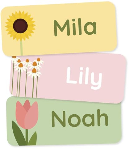 Klebekerlchen® Namensaufkleber für Kinder (60 Stück), Kleidung & Gegenstände Namensschilder personalisiert und waschmaschinenfest, Schule und Kindergarten - Blumen