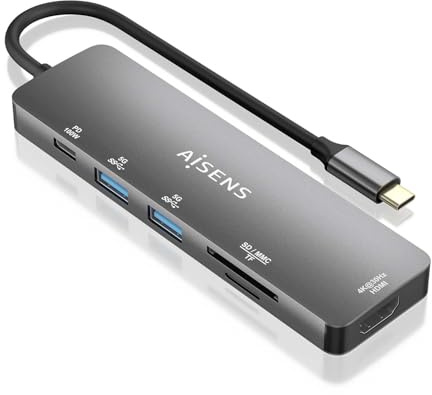 AISENS - ASUC-6P016-GR - USB-C Dock 6 en 1, USB-C A 1XHDMI, 2XUSB-A, 1XUSB-C PD 100W, 1XSD, 1XMicro SD, Gris, 15cm