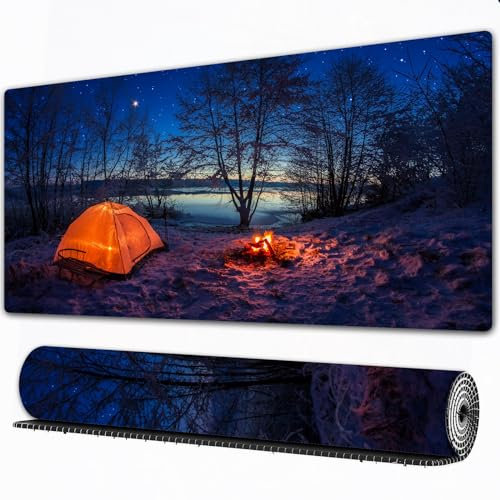 EOMKSE Mauspad Verlängertes großes Mauspad Schreibtischauflage,genähte Kanten Mauspad,Gummibasis,Beleuchtetes Zelt im Winterlager am See bei Nacht mit Sternen,Gaming-Mauspad,30x80 cm