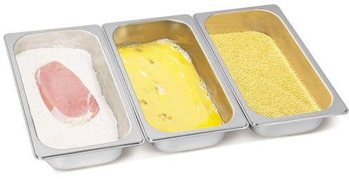 Cokaca Juego de 3 cuencos para empanar GN 1/3 de acero inoxidable, bandeja rectangular de metal, 32,5 x 17,5 x 6,5 cm, ideal para chuletas, carne, pescado