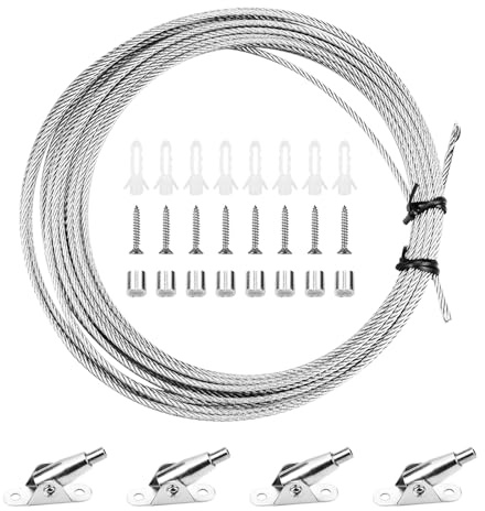 ZoZomaiy 10M Einstellbar Drahtseil 2mm Stahlseil Spanndraht Gardinenseil Vorhang Seilspanngarnitur Vorhang Seilspannsystem Edelstahlseil mit 4 Montage Klemme für Wäscheleine Draußen, Gardinendraht