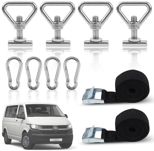 LPZMPZ 10 PCS Zurrösen zur Ladungssicherung Set Zurrösen Edelstahl mit 4 Karabinerhaken 2er Spanngurte Kurz Kompatibel für VW T5/T6/T6.1 Bully Multivan California Beach Caravelle
