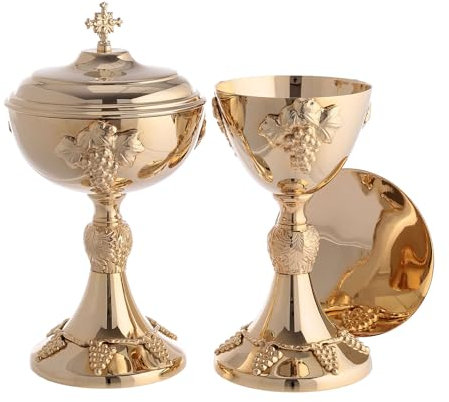 Holyart Cáliz con Patena y copón latón Dorado Motivo UVA y pámpanos, Copón