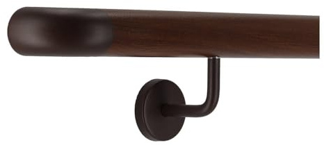 TIBU Handlauf Aluminium Nussbaum Holz Dekor 30-600cm Wandhandlauf Treppe gewinkelte Edelstahlhalter, Länge 150 cm mit 2 Halter und Bogen zur Wand