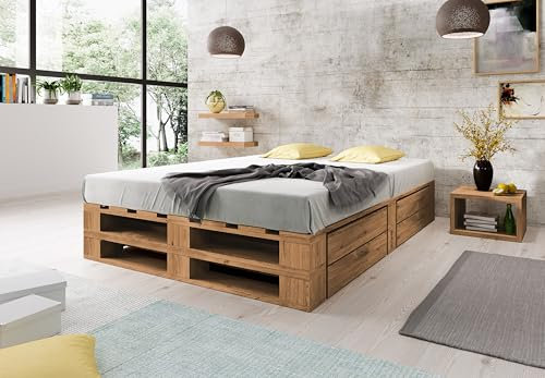 Lermowood Palettenbett M2 aus Holz 180 x 200 cm Eiche mit Lattenrost und 2 Bettkästen Holzbett 30cm Stabiles Seniorenbett Kinderbett Jugendbett Gästebett erhöhtes Bettgestell Futonbett Komforthöhe