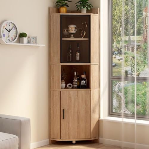 Generisch Hoher Eckschrank, Eckschrank im Landhausstil, moderner Lagerschrank mit Glastüren, freistehender Vorratsschrank für Wohnzimmer, Küche und Esszimmer, Holzscheite