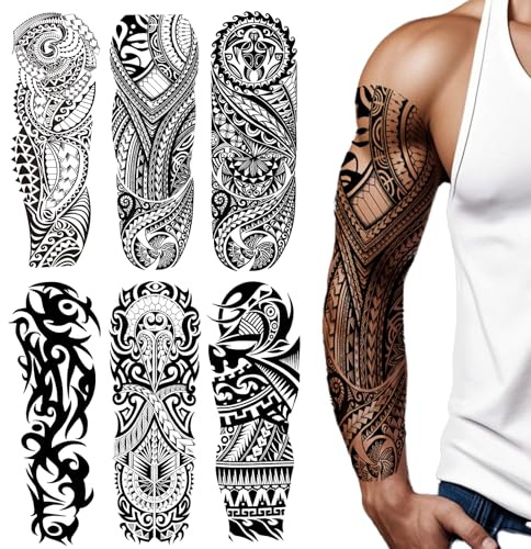 6 Sheets Full Arm Temporary Tattoos, Large Black Totem Tattoo Sleeves, Realistic Fake Tattoos for Men and Women, Waterproof and Long Lasting Tribal Tattoo Stickers for Cosplay, Parties, and Halloween