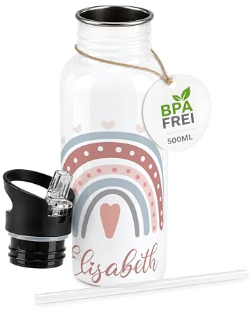 Kidsmood Gourde Enfant Personnalisable Prénom, Inox 500ml avec Paille | Anti-fuite protège le cartable, sans BPA ni phtalates, lave-vaisselle, école & maternelle, cadeau anniversaire & rentrée