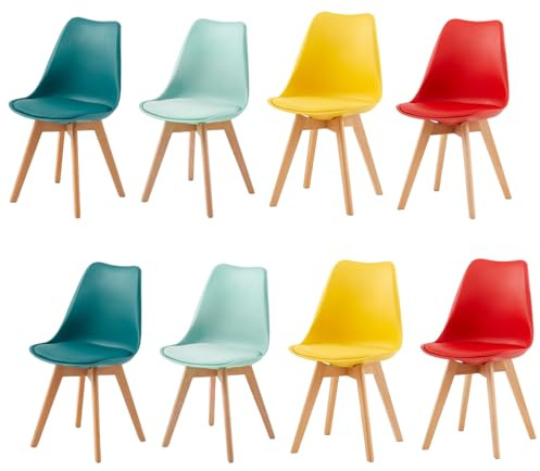 EGGREE 8er Set Esszimmerstühle Skandinavischer Schalenstuhl mit PU-Sitzkissen & Massivholz-Beinen, Bunt SGS-Geprüft Retro Küchenstuhl Polsterstuhl für Esszimmer & Wohnzimmer (Gelb,Rot,Mintgrün,Türkis)