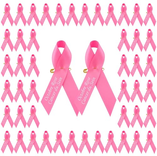 WANDIC 100 PCS Pin's Octobre Rose, Broches Épingle de Ruban Rose Cancer du Sein en Polyester Badge Accessoires Décoration de Ruban avec Texte Imprimé pour Événements Sociaux