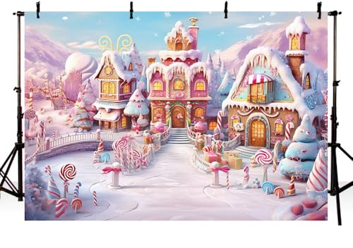 MEHOFOND – Toile de fond de 2,4 x 1,8 m pour photographie de neige d'hiver, maison en pain d'épices de Noël rose, fond pour anniversaire de fille, décoration de fête familiale, bannière pour studio