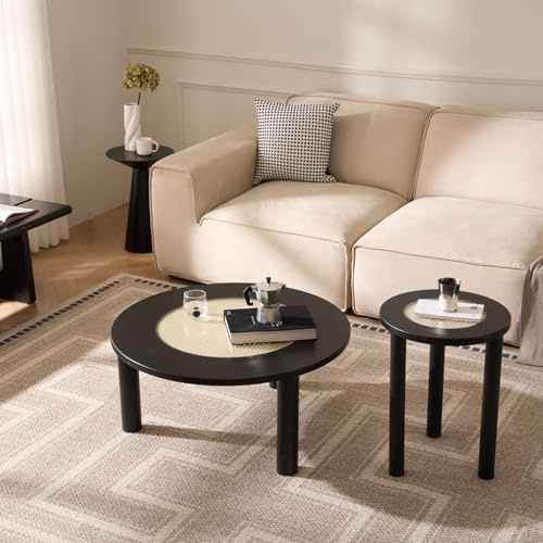 Kiefernholz Massivholz Rundes Couchtisch mit Sicherheitsglas und Rattan-Optik,2 Größen (2-SetØ40+Ø80cm),Natürliche Design Rundtisch, Beistelltisch, Holztisch für Wohnzimmer & Balkon