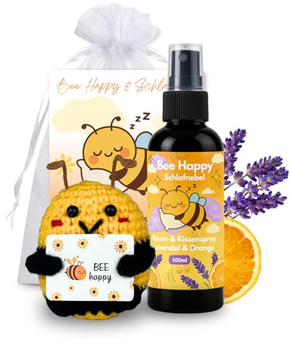 Bee Happy Biene Geschenkset – Kissenspray zum Einschlafen mit Lavendel & Orange, 100ml mit ätherischen Ölen – Wohlfühl-Geschenk für Frauen, Freunde, Familie, Geburtstag, Entspannung