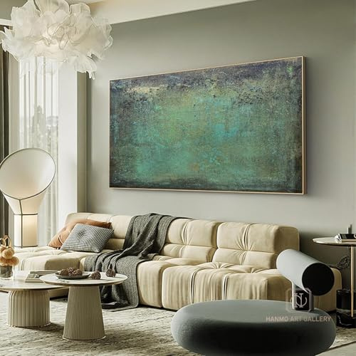 UUDEZO Großes grünes Leinwandbild für Wohnzimmer, gerahmt, großes abstraktes Gemälde, Kunstwerk, Büro-Wanddekoration, Bilder, 100 x 200 cm (39 x 79 Zoll) mit goldenem Rahmen