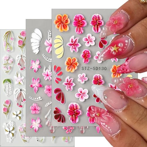 CharmeFleur Sommer 5D Relief Blumen Nagelsticker Abziehbilder 6 Blätter Selbstklebende Florale Nagelsticker Mit Edelstein Perlen Rot Rosa Weiße Blumen Nageldekoration