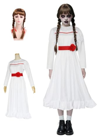 Mythloom Gruselige Puppe Anna Kostüm für Erwachsene, Frauen Horror Puppe Langes Weißes Kleid mit Bund Perücke Full Set, Gruselige Geist Rollenspiel Film Kostüm Halloween Outfits