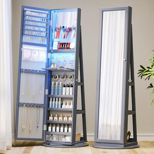 Gurexl Schmuckschrank mit Spiegel, Spiegelschrank mit Beleuchtung Ganzkörperspiegel Schrank Schmuck Aufbewahrung Mehrere Fächer Abschließbar 360 Grad Drehung Schminkschrank 160 × 54 × 54 cm,Grau