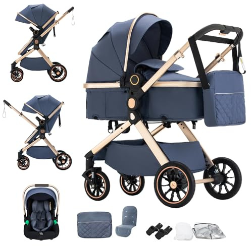 BEBBY 3-i-1 barnvagn, 3-i-1 babyvagn med sits, bärbar hopfällbar barnvagn med, kombivagn landskap hög aluminiumram för nyfödda (U9-X-BLUE, U9-X)