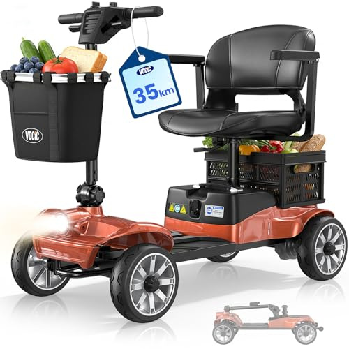 VOCIC D35 Seniorenmobil klappbar 35KM, Elektromobil für Senioren 136KG | 40L Doppelten Korb, mit 20CM großen Rädern, Mobilitätsroller, ergonomischer verstellbarer Sitz, abnehmbarer Akku,Orange Rot