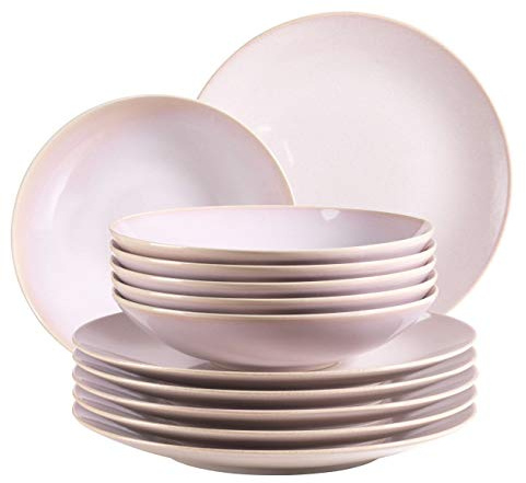 MÄSER 931553 Ossia, Teller-Set für 6 Personen im mediterranen Vintage-Look, 12-teiliges modernes Tafelservice mit Suppentellern und Speisetellern in Rosa, Keramik