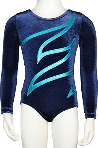 GymStern Langarm Turnanzug Plamak Basic aus Nicki Samt & Lycra mit Glitzer Effekt in Dunkelblau/Türkis Größe 128