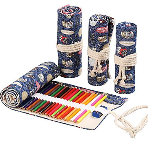 DUBENS Farbige Bleistift Halter Fall, Slots Leinwand Wrap Pouch Federmäppchen Set für Kinder und Erwachsene, Reise Zeichnung Färbung Rolle Organizer (Eule, 48 Holes)
