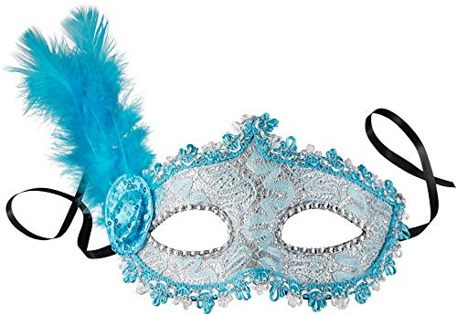 dressforfun 900888 Venezianische Maske mit seitlicher Feder für Damen, Augenmaske mit Stoffmuster, Zierborte und Strass für Ball Fasching Karneval Halloween - Diverse Farben -
