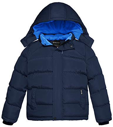 Wantdo Pojkar vinter varm fleece rockar förtjockad bomull vadderad jacka klassisk vindtät quiltad parkas rockar utomhus huvjacka, Mörkblå, 152/158 cm