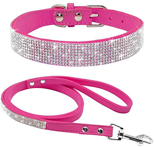 haoyueer Hundehalsband aus weichem Wildleder, schillernd, funkelnd, elegant, ausgefallen, mit Strasssteinen besetzt, für Haustiere, Welpen, Katzen, Hunde, Kombi-Set mit Leine (S, Hot Pink, Rosa)