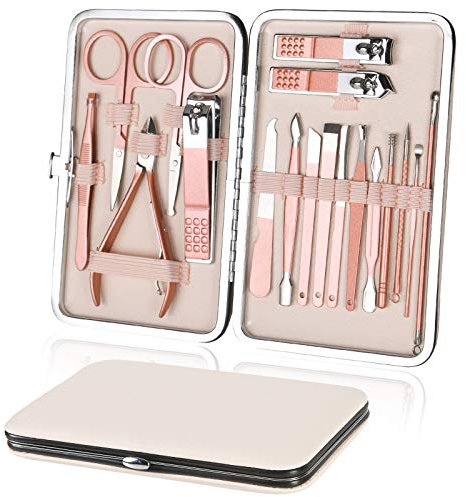 URAQT Tagliaunghie Set Professionale, 18 Pezzi Grooming Kit Strumenti per Manicure, Grooming con Bella Box (Oro Rosa)