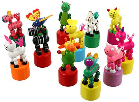 NUOBESTY 12 StüCk Holzfeder Tierdaumenfiguren Bunte Wackelkopf LiegestüTzstatue Spielzeug FüR Kinder Geburtstag Ostern Neujahr Partygeschenke
